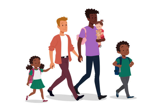 Homosexual couple and children Homosexual couple taking children to school gay males stock illustrations