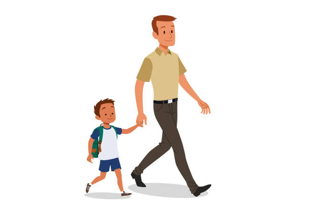 Single father Single father taking his children to school father kid stock illustrations
