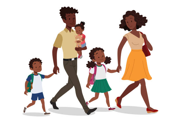 Parents taking their children to school Parents taking their three children to school diverse family stock illustrations