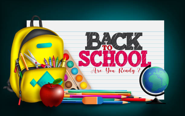 Back to school vector banner design. Back to school text in paper sheet background with educational elements like bag, globe and color pens for education item supplies decoration. Back to school vector banner design. Back to school text in paper sheet background with educational elements like bag, globe and color pens for education item supplies decoration. Vector illustration school supplies stock illustrations