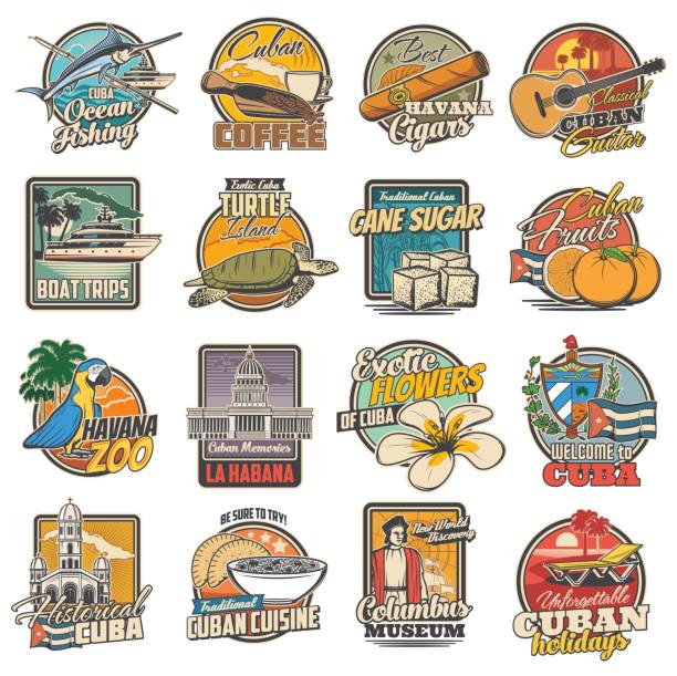 Cuba and havana travel, tourist attractions icons Cuba and havana travel, tourist attractions and food retro icons set. Ocean fishing, coffee and havana cigars, classical guitar, boat trips and turtle island tours, zoo, Columbus museum and food badge cuba illustrations stock illustrations