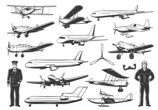 Modern and vintage airplanes, pilot vector Modern and vintage airplanes, civil and military pilot characters. Passenger airliner, business jet and training aircraft, army retro propeller monoplane and biplane fighter, plane control yoke vector charter stock illustrations