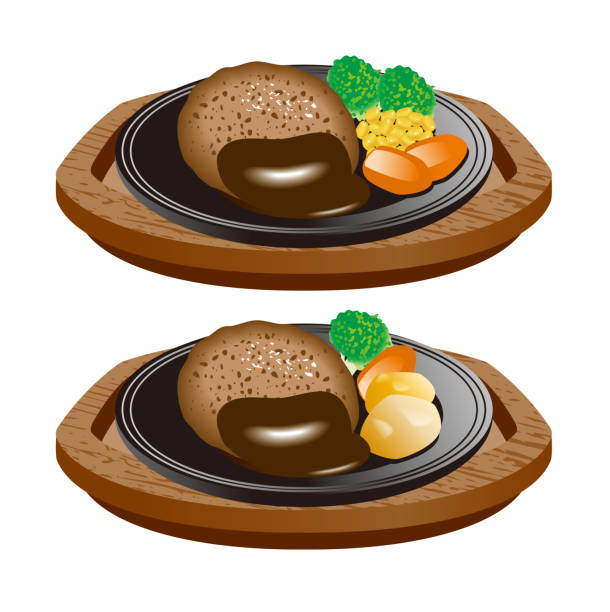 illustrations, cliparts, dessins animés et icônes de illustration du bifteck de hambourg. ensemble d’icônes. - burger gourmet hamburger steak