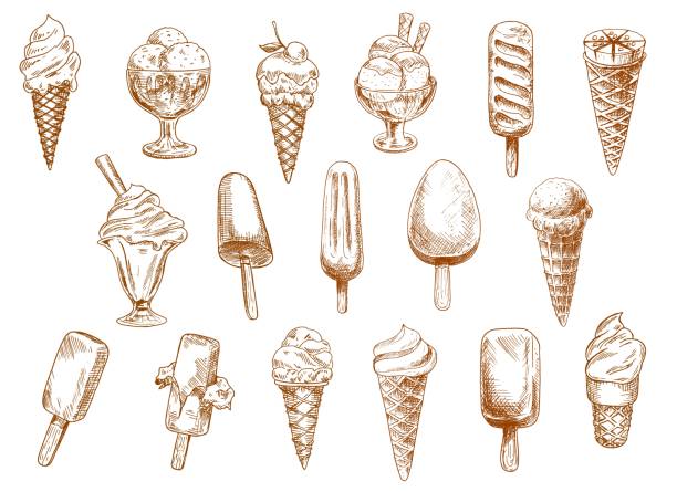 bildbanksillustrationer, clip art samt tecknat material och ikoner med glassskiss av sundae, gelato och sorbet - yoghurt chocolate bowl