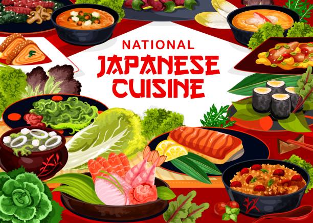 japanische küche menü, japan meeresfrüchte, nudeln - yasai stock-grafiken, -clipart, -cartoons und -symbole