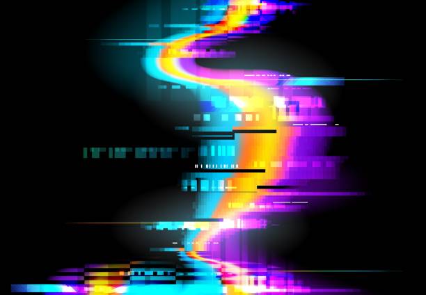 Glitch background, pixels digital noise on screen Glitch background, pixels digital noise on screen, vector. Glitch or signal distortion effect on display, neon color line glitch on TV or computer display, VHS video television interference tv glitch stock illustrations