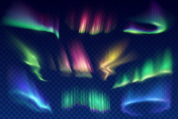 stockillustraties, clipart, cartoons en iconen met aurora borealis polaire lichten realistische vector set - noorderlicht