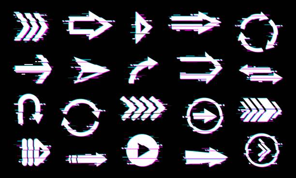 Arrows pointers icons, design element with glitch Arrows pointers icons, web navigation design elements with glitch effect. Play button, circle arrows and cursors with display malfunction, signal loss or glitched screen digital noise vector bending over backwards stock illustrations