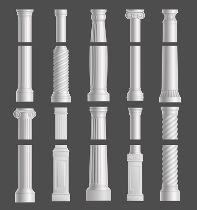 Antique columns set isolated on grey background.