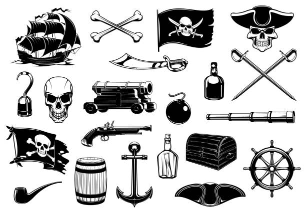 piraten-ikonen von schädel, brust schatz karte und schiff - crossed bones stock-grafiken, -clipart, -cartoons und -symbole