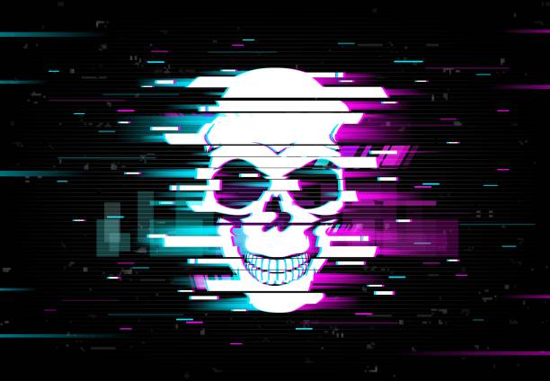 Glitch skull vector distorted neon glow cranium Glitch skull vector distorted neon glowing pixelized cranium or jolly roger on black background. Television messy distortion or vhs tape glitch effect, trippy digital art, horror, dead head smiling distorted face stock illustrations