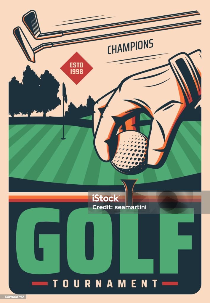 Torneo di golf vettore poster retrò, gioco sportivo - arte vettoriale royalty-free di Golf