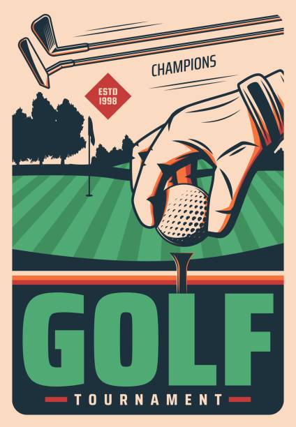 Golf tournament vector retro poster, sport game Golf tournament vector retro poster with hand put ball on field and sticks. Sport game vintage card for golf championship on professional course. Leisure, active lifestyle, sports competition event golf course stock illustrations