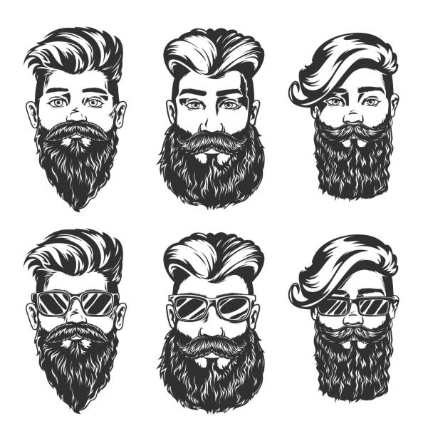 Hipster hairstyle and beard style vector sketches Hipster hairstyle and beard style vector sketches of men faces with fashion haircuts, beards, mustaches and glasses, isolated hand drawn heads with undercut, angular fringe and pompadour hairstyles rockabilly hair men stock illustrations