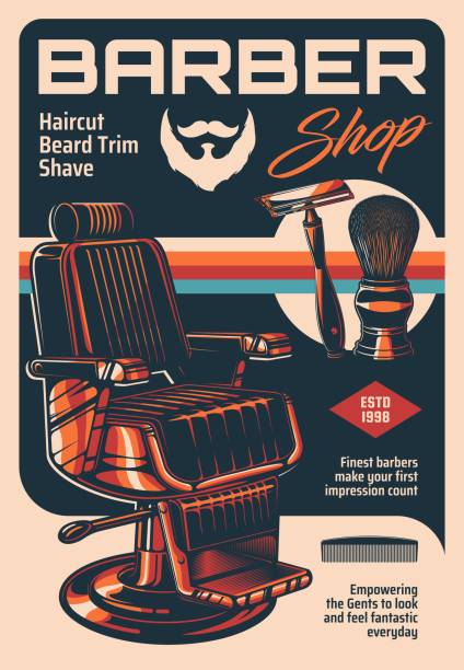 Barber shop vector vintage advertising poster Barber shop vector vintage poster with armchair and classic equipment shaving brush and razor blade for men haircutting, trim and beard shave. Retro advertising card for gentlemen barbershop service hair posters for salon stock illustrations