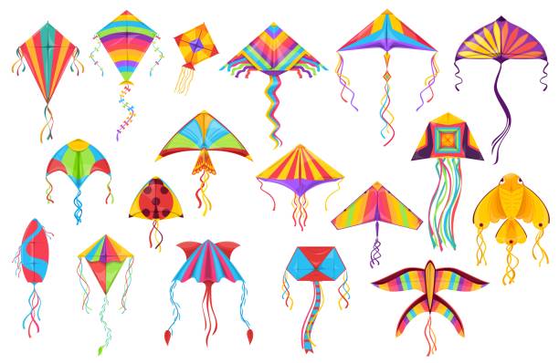 Kite and paper wind toys, cartoon summer games Kite paper toys cartoon vector of flying wind toys for summer children games and outdoor activity. Kites with colorful strings, tails and ornaments in shape of butterfly, bird, fish and ladybird sky kite stock illustrations