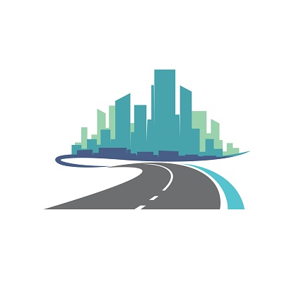Highway road and city view isolated vector icon. Two lane curve pathway and skyscrapers silhouettes. asphalt speedway or driveway symbol for transport moving, direction, traveling and navigation sign