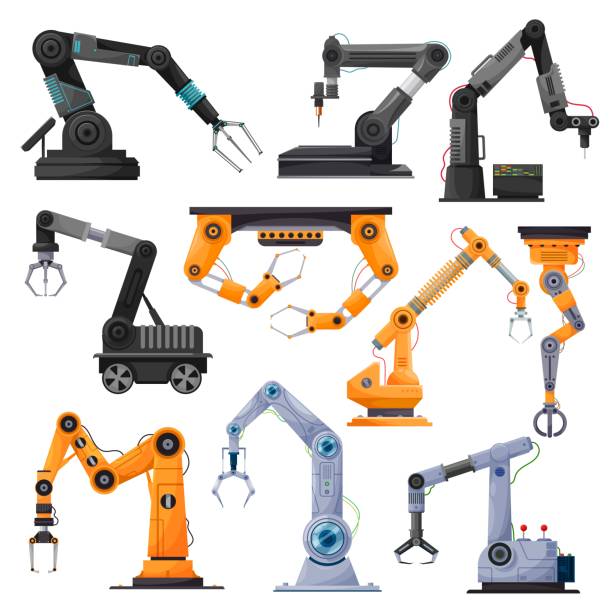 Robot manipulators, robotic arms, mechanical hand Industrial robot manipulators, robotic arms or mechanical hands. Vector manufacturing automation technology and robotics engineering concept, articulated robots, modern equipment or devices design robotics stock illustrations
