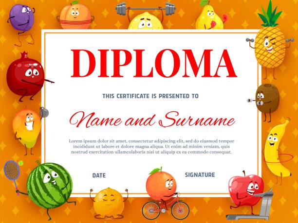 Kids diploma or certificate with tropical fruits Kids diploma or certificate with tropical fruits cartoon characters. Happy fruits doing fitness exercises, lifting weight, playing tennis and riding bicycle. Children sport competition winner diploma banana borders stock illustrations