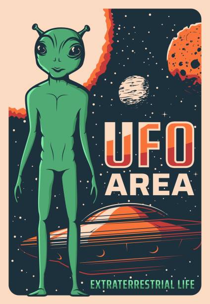 Retro poster with alien and ufo vector card Retro poster with alien, ufo and spaceship, vector extraterrestrial comer with green skin and huge eyes. Space exploration card with shuttle in outer cosmos, stars and planets, saucer in starry sky alien invasion stock illustrations