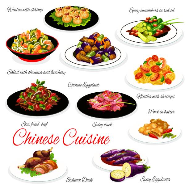 illustrations, cliparts, dessins animés et icônes de plats chinois, nouilles, fruits de mer, légumes - chopsticks stir fried vegetable beef