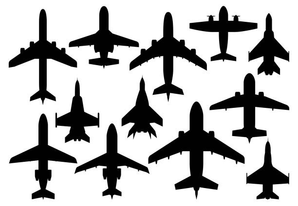 Civil and military airplanes vector silhouette set Civil passenger and military combat airplanes silhouettes. Airline modern airliner, private business jet and army air forces fighters or bombers, propeller cargo aircraft vector. Aviation aircraft airplane silhouette commercial airplane shipping stock illustrations