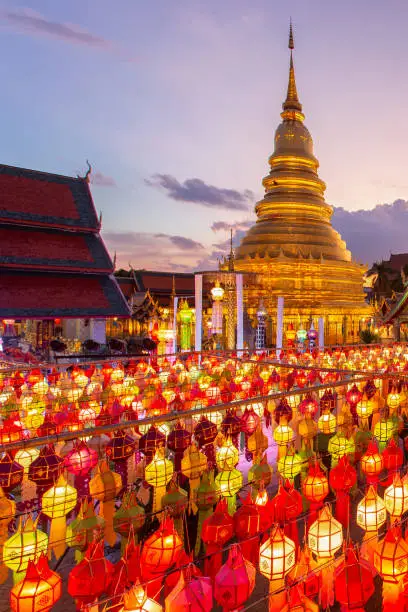 Colorful Lamp Festival and Lantern in Loi Krathong at Wat Phra That Hariphunchai, Lamphun Province, Thailand