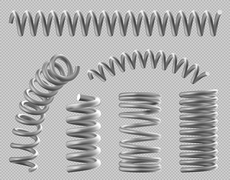 Metal springs, realistic coils for bed or car, flexible spiral parts set isolated on transparent background. Steel industrial or mechanic garage equipment objects, 3d vector illustration, clip art