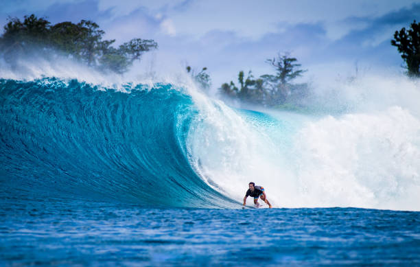 Surfer on a big wave in Indonesia August 05/2014 Mentawai islands, Indonesia a Japanese surfer is making a turn on a big wave. The Mentawai's are a famous place for surfers the world over to visit due to its perfect surfing conditions with everything from small easy waves to big epic barrels for the seasoned pro's. Mentawai Islands stock pictures, royalty-free photos & images