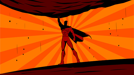 A retro style vector illustration of a superhero lifts a big rock with sunburst effect in the background. Wide space available for your copy.