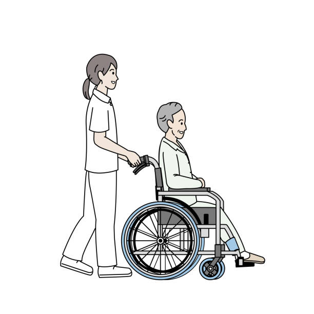 bildbanksillustrationer, clip art samt tecknat material och ikoner med gammal man sätter sig på rullstolsillustration - smiling nurse