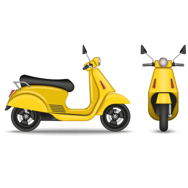 Vector illustration of Yellow realistic scooter isolated on white background front and side view, 3d vector vehicle model with shadows.