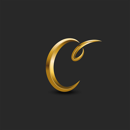 Calligraphic golden letter C curl monogram logo, feminine 3d initial symbol in the vintage style, creative facets emblem for fashion boutique gold color.