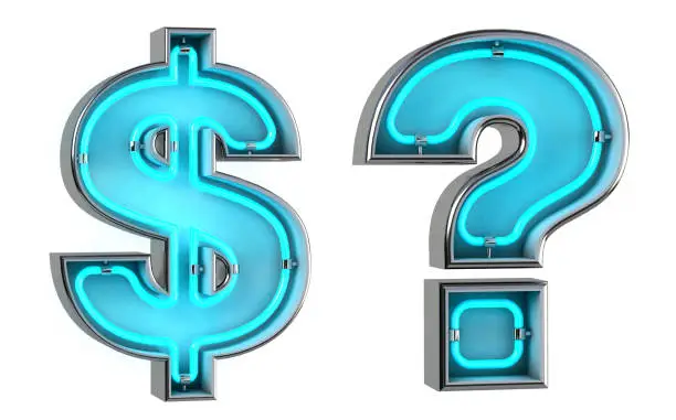 Photo of Dollar currency. Neon light 3d number with glowing blue tubes. 3d illustration.