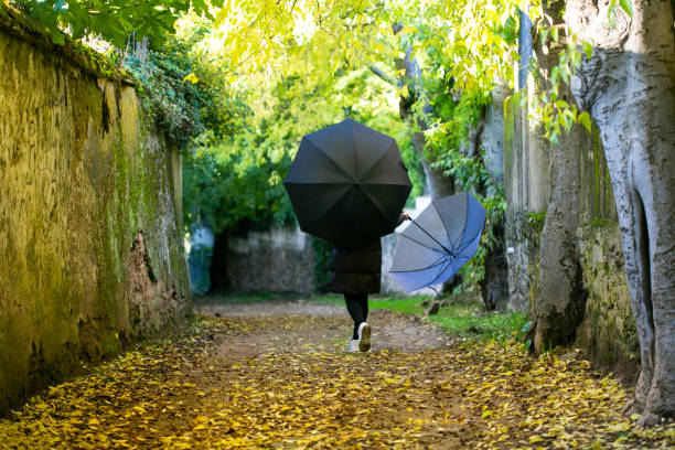 istock woman with umbrella, walking along the road 1309680312