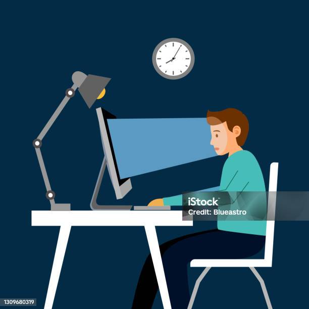Computer Night Working Drawing Man Using Pc Computer At Night In Flat Design Guy Working Late In Dark ...