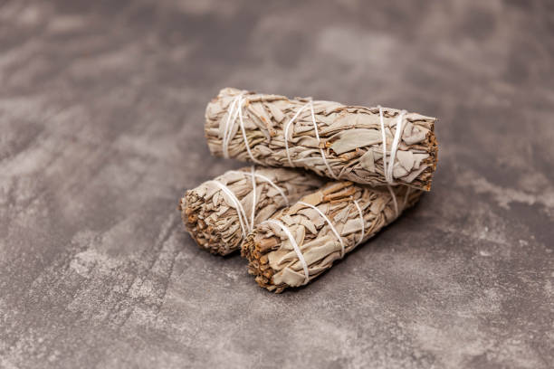istock Smoldering ceremonial white sage. Collection of herb bundles. 1309681255