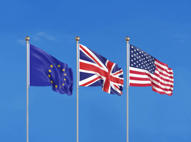 istock Three flags. USA (United States of America), EU (European Union) and United Kingdom. 3D illustration. 1309681286
