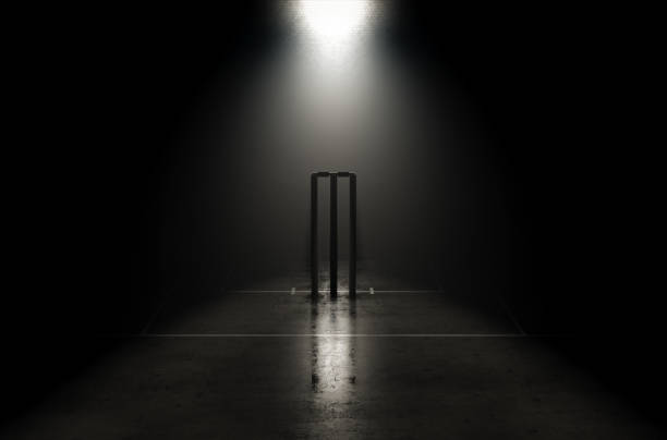 Futuristic Rustic Cricket Wickets A concept showing cricket wickets on a reflective concrete lined pitch backlit by a single honeycomb spotlight - 3D render cricket stump stock pictures, royalty-free photos & images