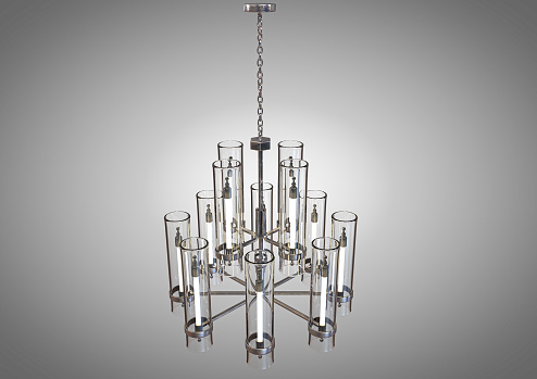 A decorative chandelier made out of tarnished iron with upright glass lamps on an isolated background - 3D render