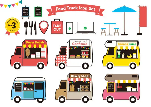 Vector illustration of Cute food truck illustration set. “color & line”