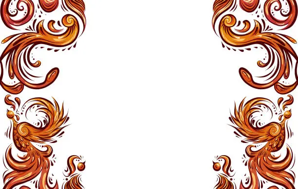 Vector illustration of Horizontal card with bird pattern with curled tails, wings and place for text. Symmetrical decoration in bright orange color. Vintage curled animal ornament. Vector template