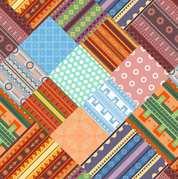 gemütliche stammes-patchwork-decke. geometrische ethnische muster. nahtloses stoffmuster. wallpaper mit dekorationen. - quilt patchwork pattern indian culture stock-grafiken, -clipart, -cartoons und -symbole