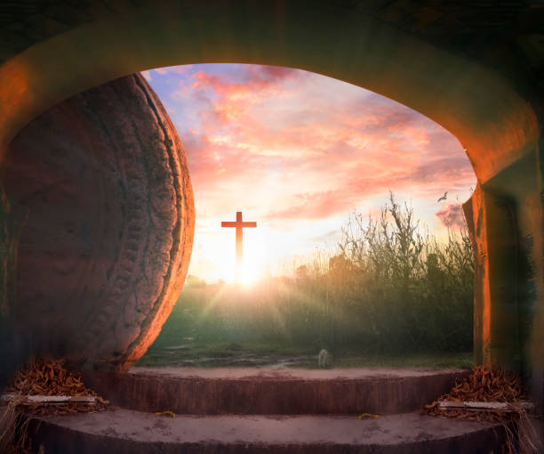 istock Easter concept: Tomb Empty With Crucifixion At Sunrise 1309688378