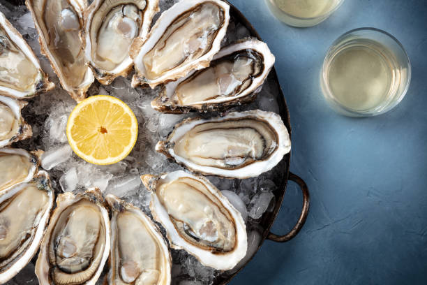 istock Oysters with wine, shot from above on a blue background 1309689661
