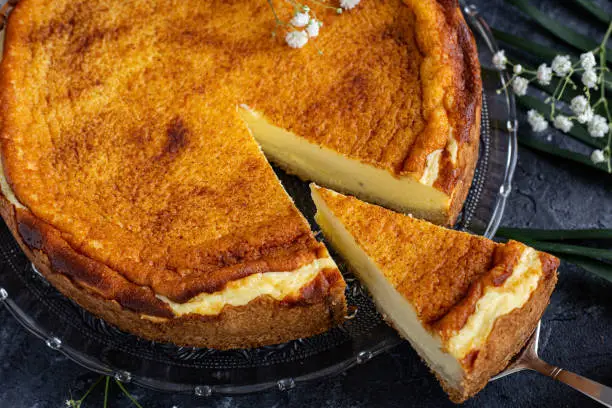 Photo of Cheesecake on a plate decorated with white flowers. Single piece cut out.