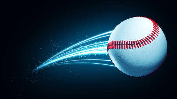 velocidad de la pelota de béisbol efecto mágico rápido en llamas azules y luces fondo negro 3d renderizado - tennis in a row team ball fotografías e imágenes de stock