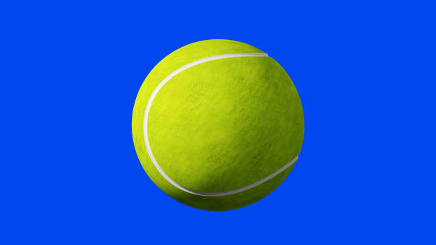 rotación de pelota de tenis realista en pantalla azul 3d renderizado - tennis in a row team ball fotografías e imágenes de stock