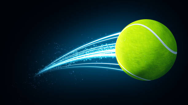 istock Tennis ball speed fast magic effect in blue flames and lights black background 3d rendering 1309693277