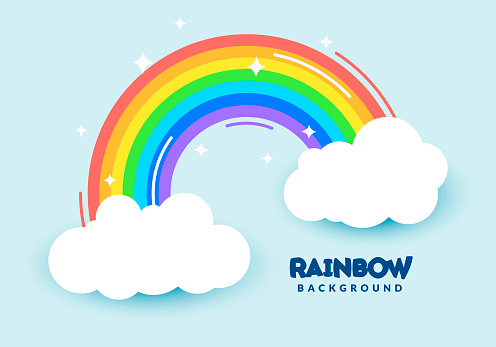 Vector Illustration Colorful Flat Rainbow With Clouds And Stars. Kids Style Background.